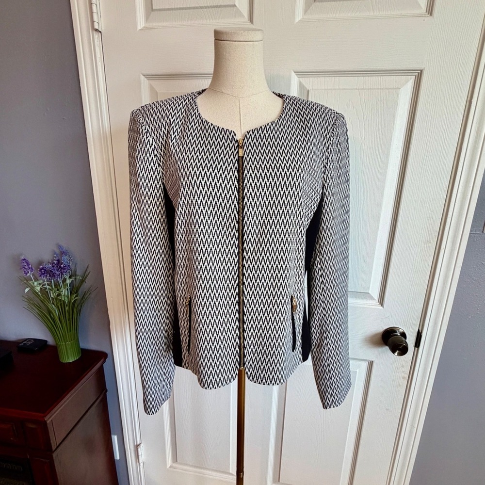Calvin Klein Black White Chevron Geometric Zip Front Jacket Blazer Size 14